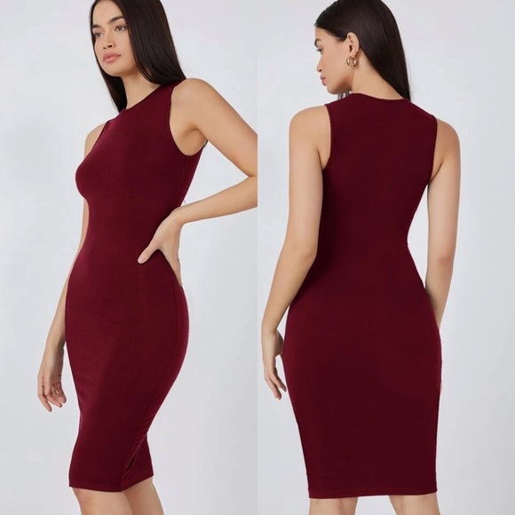 Minimalist high neck bodycon midi dress mocha tan - Picture 8 of 11